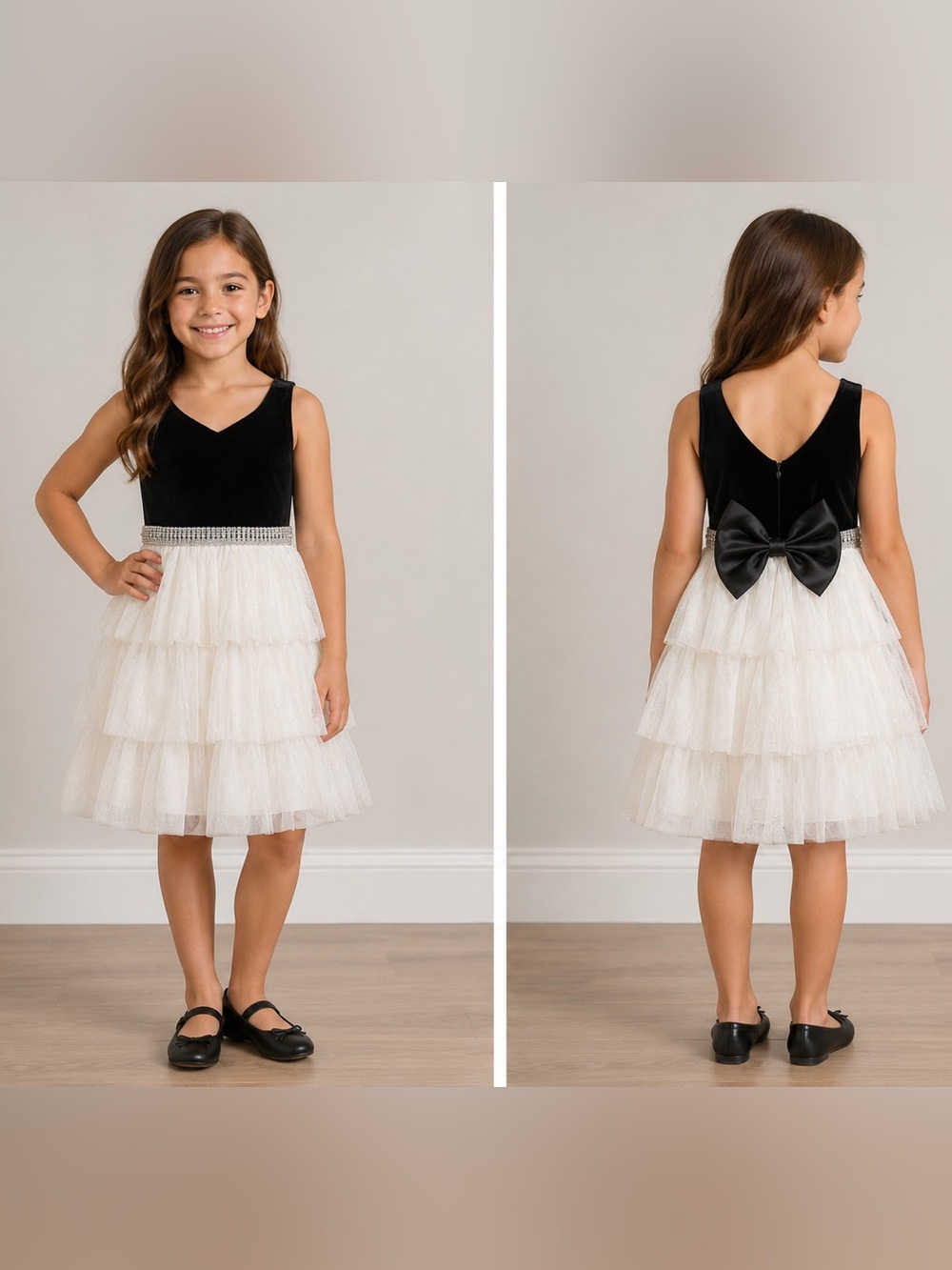 Girls Party Dress - Size 7 - Black Velvet, Sparkles, Pearls!